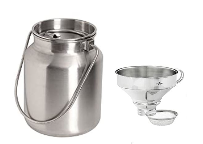 a stainless steel milk jug, funnel and funnel strainer